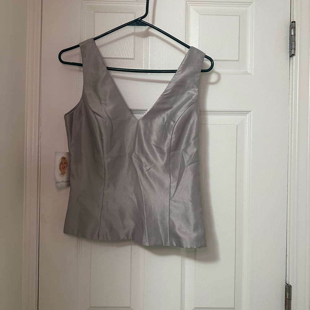 Silver fitted sleeveless tank top with v-neckline